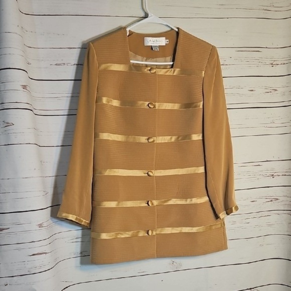 Anne French Couture Vintage Camel‎ Tan Satin Banded Longline Blazer Jacket Sz 12